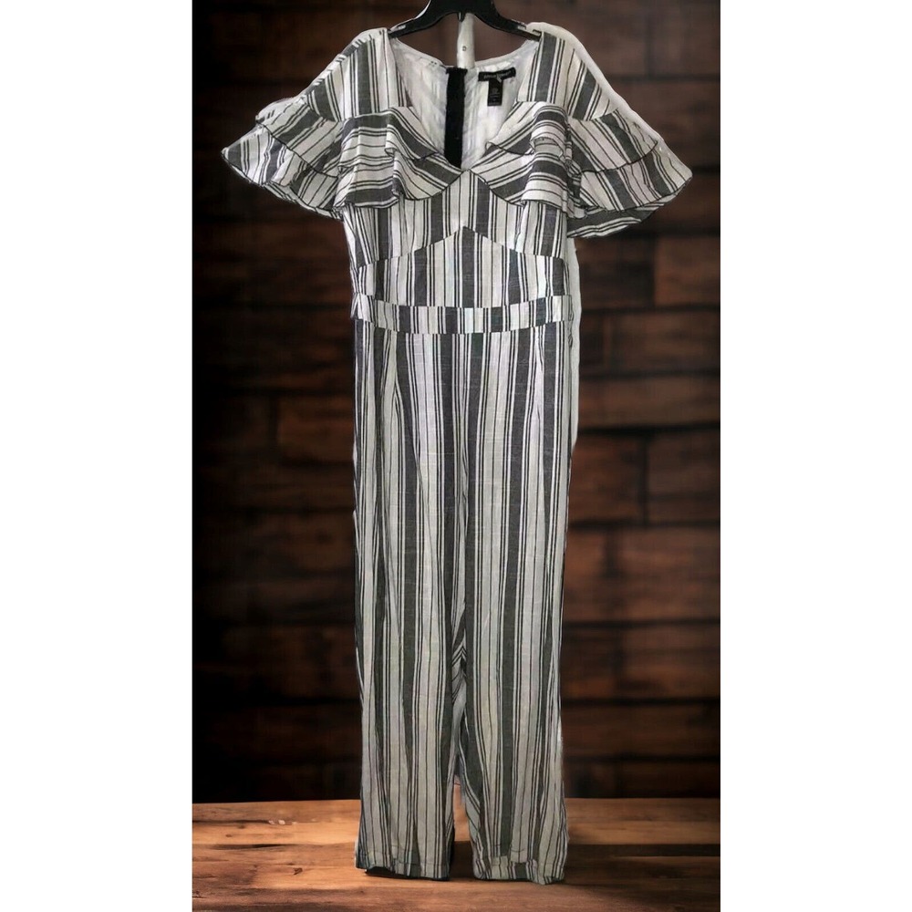 Ashley Stewart Sz 16 Womens Ruffle Top Striped Black White Jumpsuit Jumper